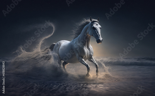 The white horse elegantly sprints along the mesmerizing waves of the sea. Moonbathing. Being bathed in moonlight. Generative AI,
