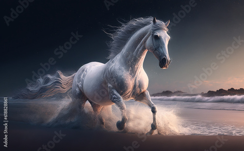 The white horse runs mysteriously along the shore of the sea. Moonlight bath. Basking in the moonlight. Generative AI,