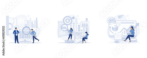 Data analysis for business finance investment, worker checking data analyst, Data driven business, set flat vector modern illustration 