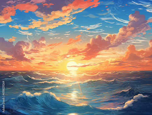 夕日が沈む海-アニメ背景