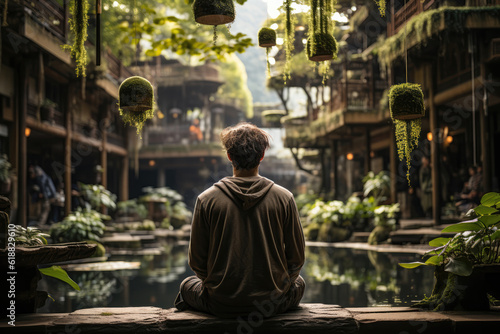 A Man Meditating Against A Vibrant Street Lined With Cafes And Shops. Generative AI