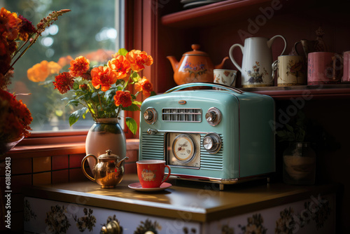A Retro Radio In A Kitchen Setting Surrounded By Vintage Appliances And Colorful Dcor. Generative AI photo