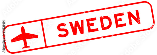 Grunge red sweden word with plane icon square rubber seal stamp on white background
