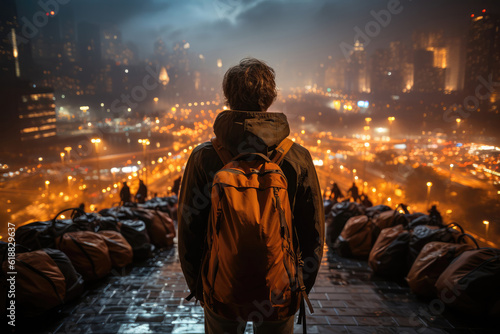 A Young Traveler Against A Background Of A Bustling City Skyline. Generative AI