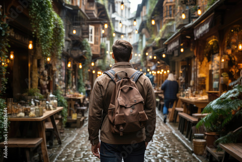 A Man Traveler With A Rucksack And Looking On At A Lively Street Lined With Cafes. Generative AI