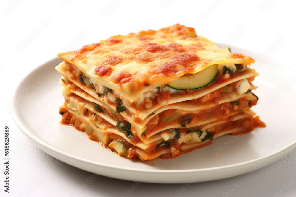 Cheese And Vegetable Lasagna On A White Background. Generative AI