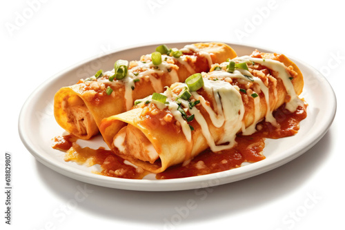 Cheese And Chicken Enchiladas On A White Background. Generative AI