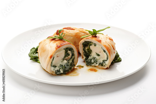 Cheese And Spinach Stuffed Chicken Rolls On A White Background. Generative AI