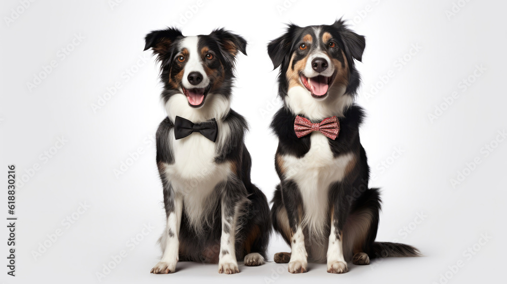 Happy Cute Two Dogs With Collars On White Background. Generative AI