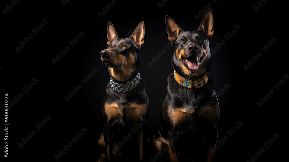 Happy Cute Two Dogs With Collars On Black Background. Generative AI