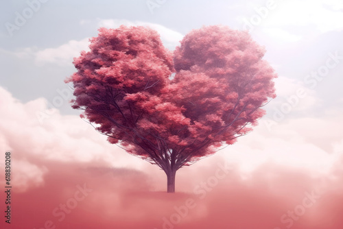 Tree In Heart Shape Delicate Background. Generative AI