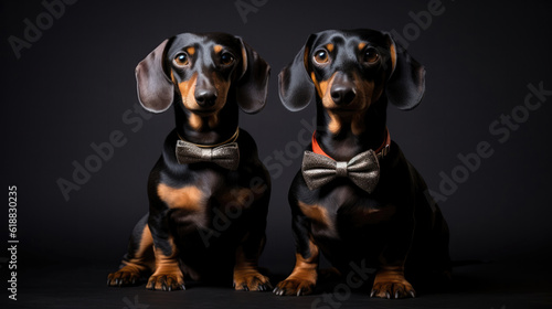 Happy Cute Two Dogs With Collars On Black Background. Generative AI