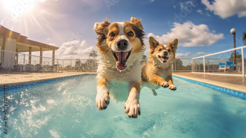 Sunglasses Happy Cute Two Dogs Jump Moment On Pool. Generative AI