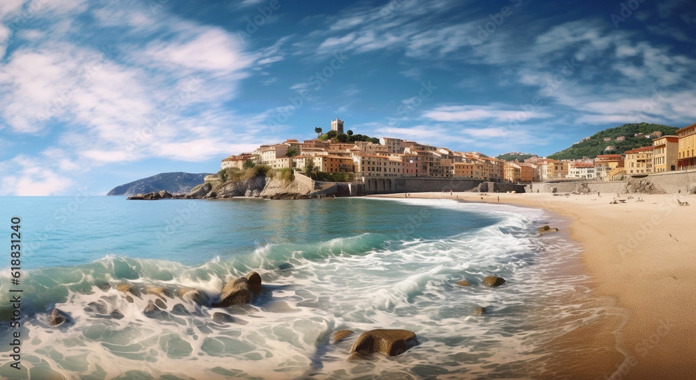 Sunny old mediterranean city and sandy beach. Generative AI