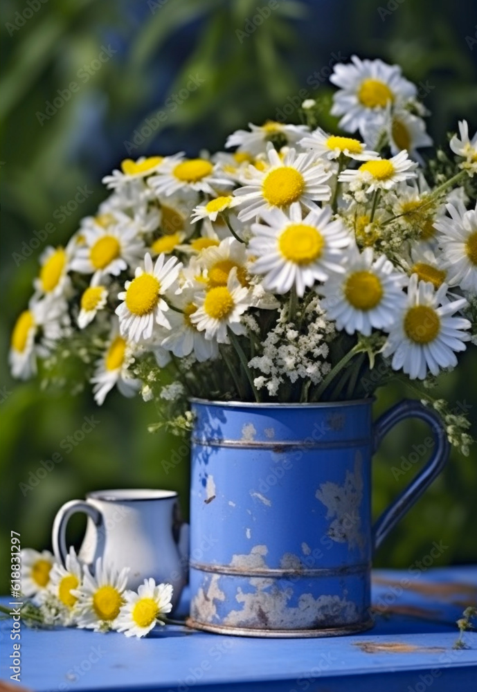 Fototapeta premium Blue tin mug with bunch of daisies. Generative AI
