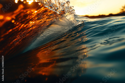 Closeup of beautiful blue ocean surfing wave in sunset. Generative AI © Irina Bort