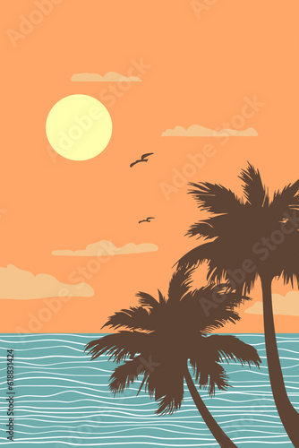 Creative aesthetic posters abstract background with palm trees, sun and sea, ocean. Vertical vector illustration with landscape minimalistic background.