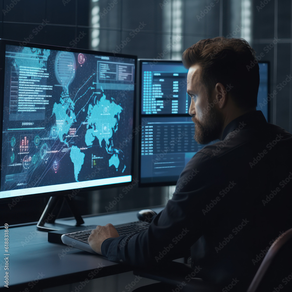 Cutting-edge Vision: Tech Guru in Futuristic Data Center Utilizing Laptop Amidst Warehouse, Streamlined Digitalization with Server-Based Information. SAAS, Cloud Computing, Web Service Empowered