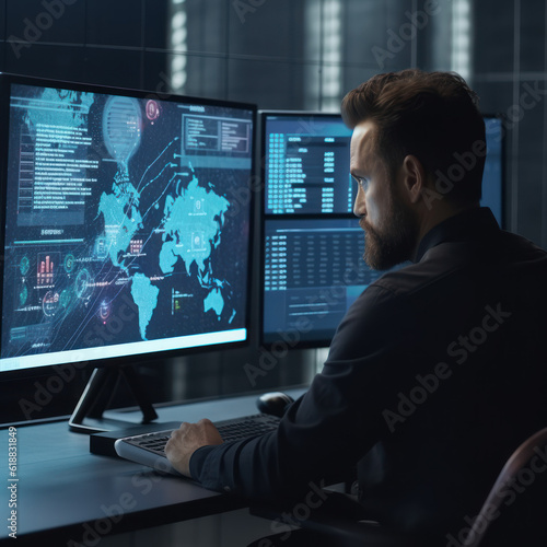 Cutting-edge Vision  Tech Guru in Futuristic Data Center Utilizing Laptop Amidst Warehouse  Streamlined Digitalization with Server-Based Information. SAAS  Cloud Computing  Web Service Empowered