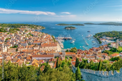 High angle view of the popular tourist resort town and island of Hvar, Croatia, viewed from the hillside stone wall of its 13th century fortress.