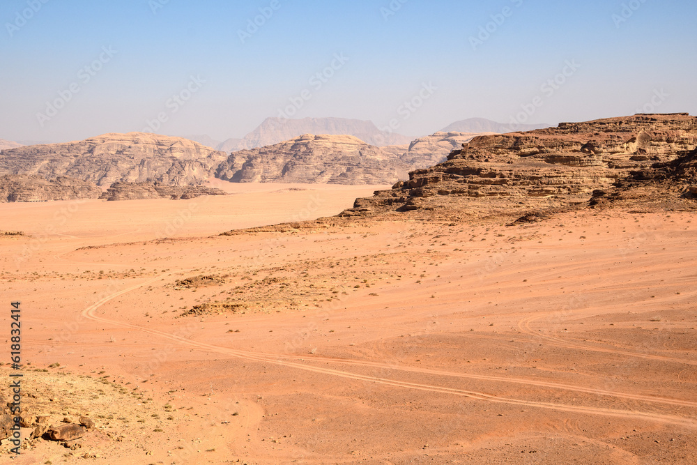 Arabian desert. Wadi Rum. Space landscape. Footprints in the sand. Filming location for many science fiction films.