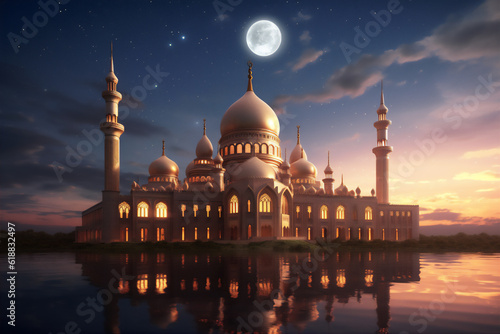 Beautiful Mosque illustration in the night, sunset or sunrise, with beautiful dramatic light, Created using generative AI tools © Maizal