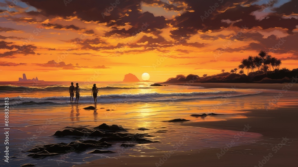 Photo of a family on the beach during sunset. Family silhouettes at sunset