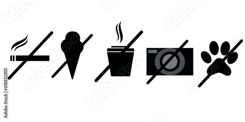 Set of prohibition line signs. No smoking, food, drinks, photo, animals outline icons on white background. Editable stroke. Vector graphics