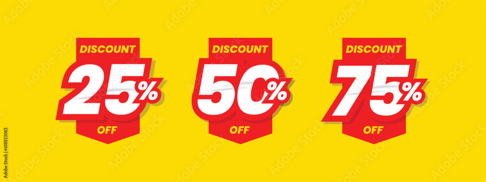 Set of discount label vector illustration, sale banner for promotional 25% off, 50% off, 75% off special offer tag sticker design element