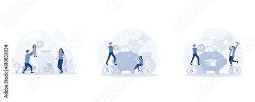 save money concept, Tiny people saving money in piggy bank, saving money for education, set flat vector modern illustration