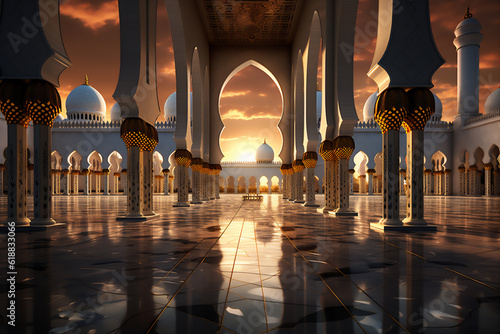 Beautiful Mosque illustration in the night, sunset or sunrise, with beautiful dramatic light, Created using generative AI tools © Maizal