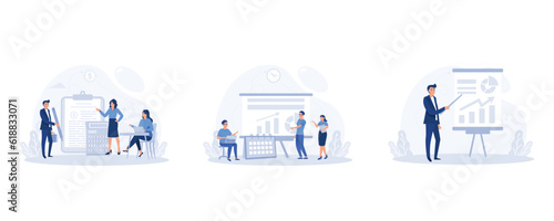 People and clipboard with financial document, calculator and pen, Working process, teamwork communication, businessman making presentation of business plan, set flat vector modern illustration