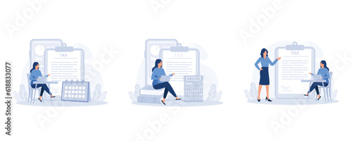 Characters using tax calendar to filling tax declaration form online and with financial advisor. Taxation planning concept, set flat vector modern illustration