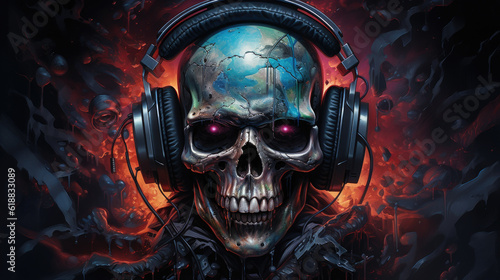 Human skull with glowing red eyes, donning pair of headphones, embodying persona of gamer that bridges the realms of life and death.