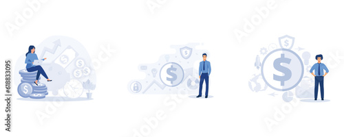 Successful investor or entrepreneur, Investment in innovation, guarantee of security financial savings and money turnover, set flat vector modern illustration