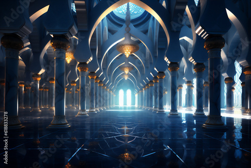 Beautiful Mosque illustration in the night, sunset or sunrise, with beautiful dramatic light, Created using generative AI tools