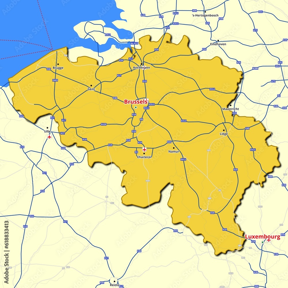 Fototapeta premium Map of Belgium with main roads and highways