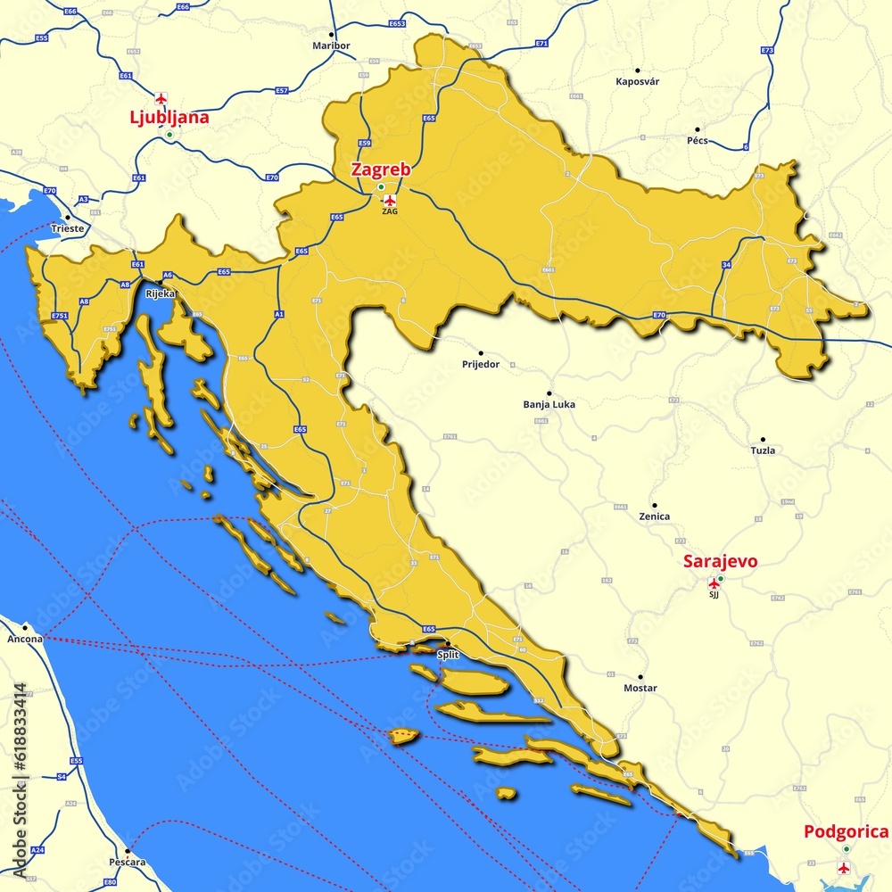 Map of Croatia with main roads and highways