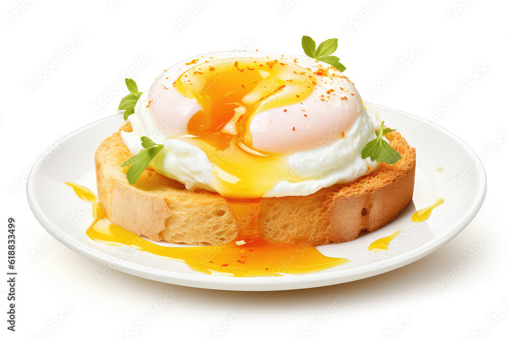 Sliced poached egg with liquid yolk flowing out on a slice of toasted bread isolated on a white background. Healthy bruschetta for breakfast with greenery on white plate. Generative AI. Sliced poached egg with liquid yolk flowing out on a slice of toasted bread isolated on a white background. Healthy bruschetta for breakfast with greenery on white plate. Generative AI.