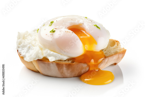 Sliced poached egg with liquid yolk flowing out on a slice of toasted bread isolated on a white background. Healthy bruschetta for breakfast with greenery. Generative AI. photo