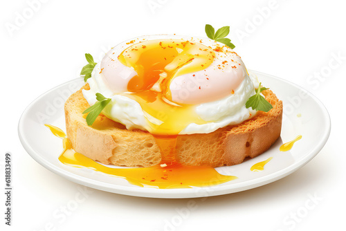 Sliced poached egg with liquid yolk flowing out on a slice of toasted bread isolated on a white background. Healthy bruschetta for breakfast with greenery on white plate. Generative AI.