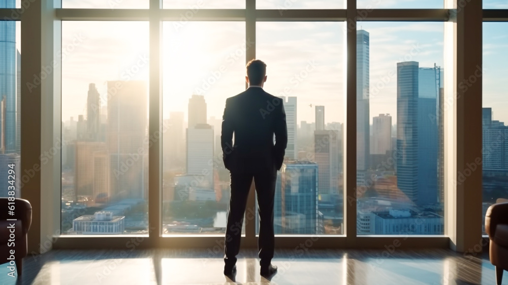 Fototapeta premium AI Generated Businessman Embracing the Future of Technology in a Modern Office Room