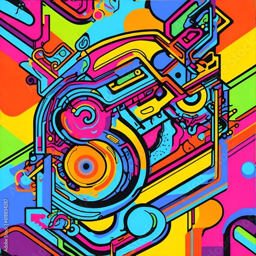 Photo of a vibrant abstract painting of a mechanical device against a colorful backdrop