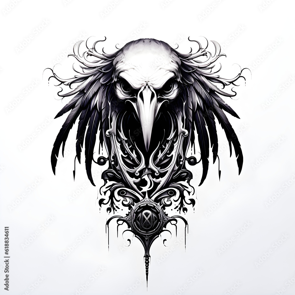 tattoo flash design of a raven skull, in black and white ink tattoo ...