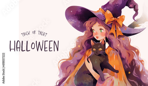 Halloween banner with tradition symbols. Witch and black cat illustration. Generated AI