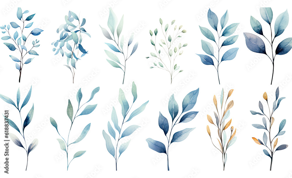 Naklejka premium collection of soft watercolor branches isolated on a transparent background, generative ai