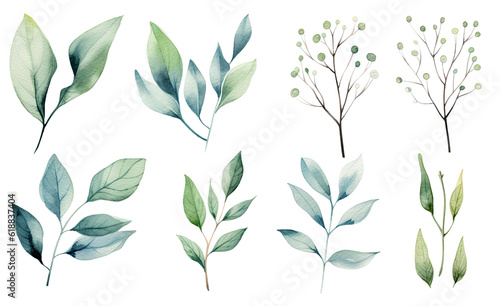 collection of soft watercolor branches isolated on a transparent background, generative ai