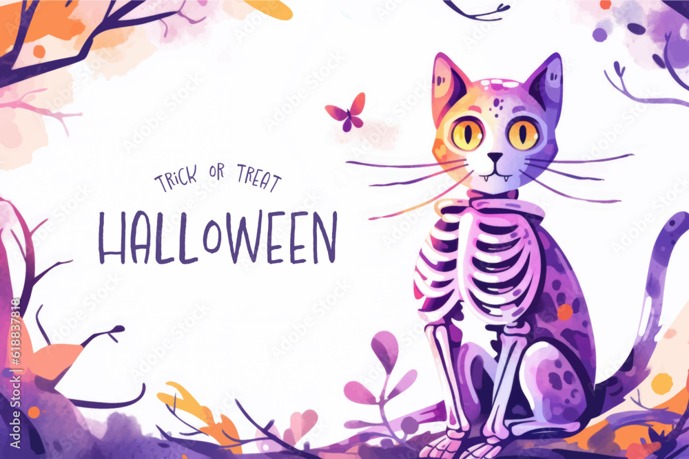 Halloween banner with tradition symbols. Black cat illustration. Generated AI