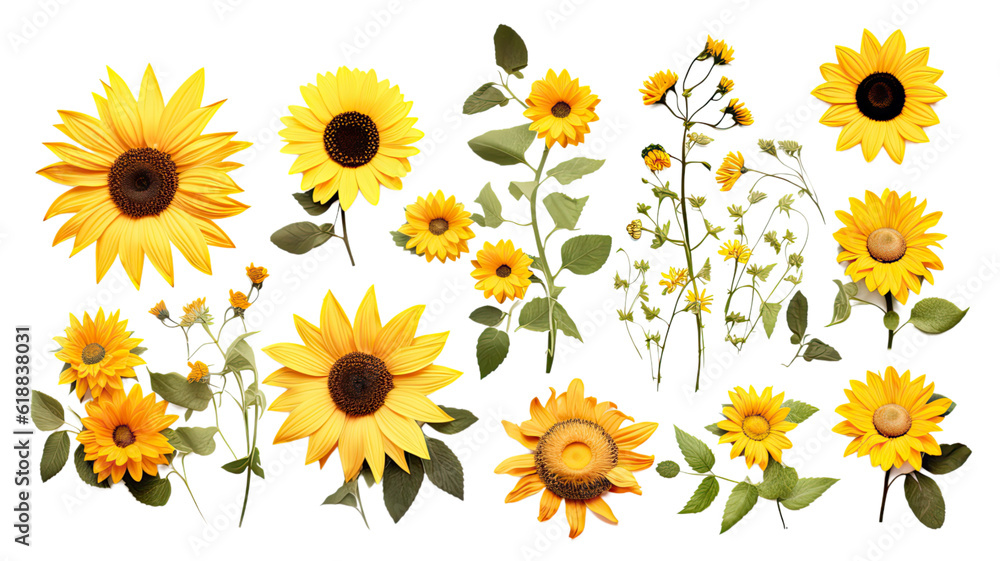 collection of daisies and sunflowers flowers isolated on a transparent background, generative ai collection of daisies and sunflowers flowers isolated on a transparent background, generative ai