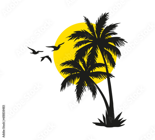 Palm tree silhouette on sunset, birds flying, vector for fashion, card, wall art prints